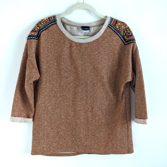 𝅺DAY trip Heathered Tan Boho Beaded Sweatshirt S - Picture 1 of 11
